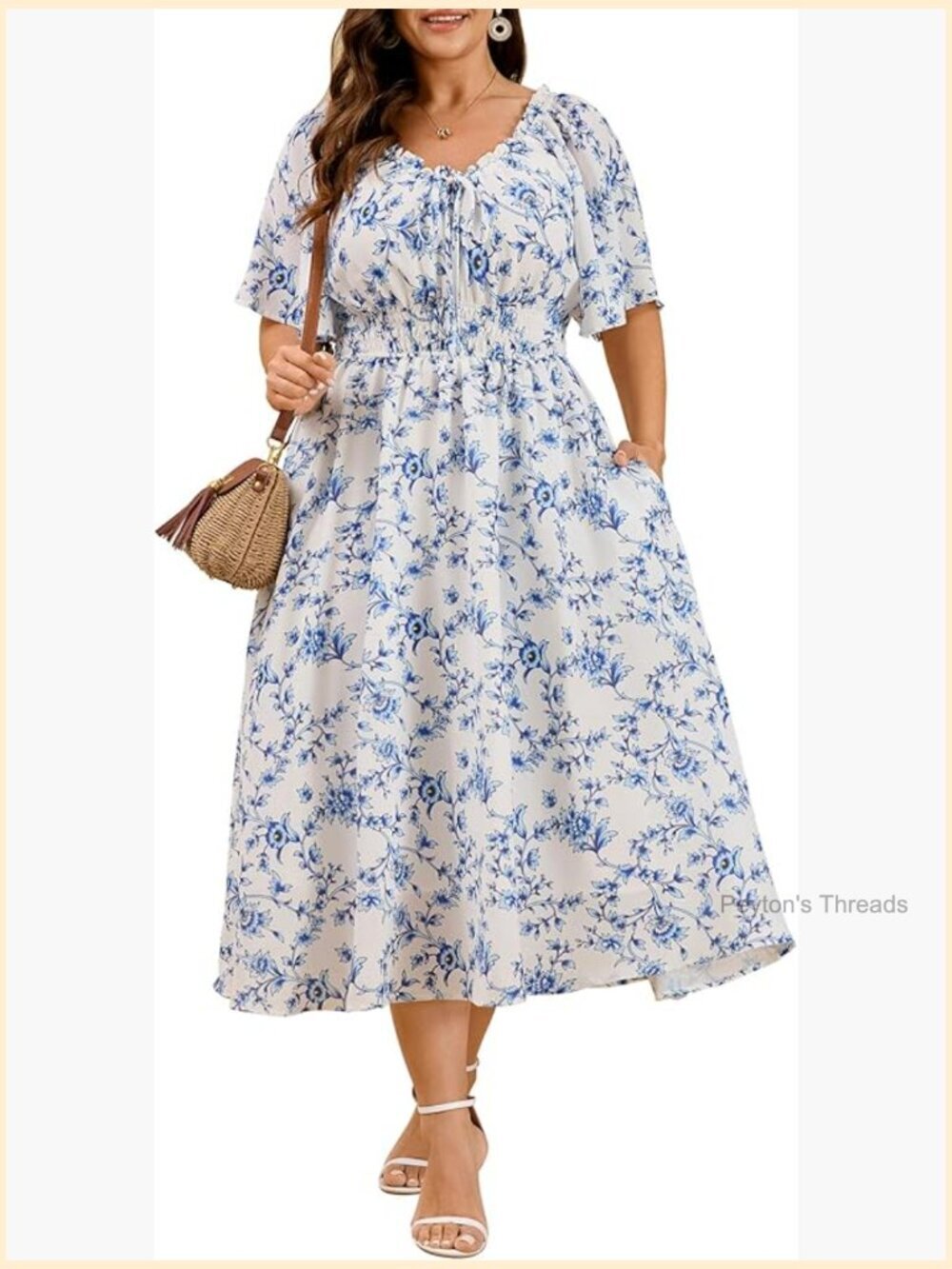 Plus Size Boho Maxi Dress Scoop Neck Tie Front Flowy Midi Dress for Wedding
